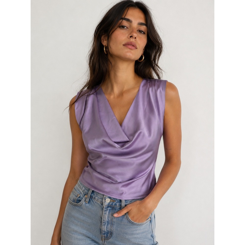 HAUSEN Lavender Satin Cowl Neck Open Back Tie Top Small Purple Sleeveless